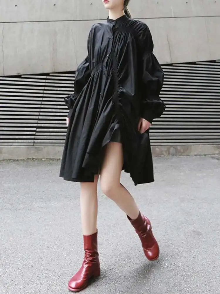 Women Blue Irregular Pleated Big Hem Shirt Dress New Stand Neck Long Sleeve Loose Fashion Tide Spring Autumn 2025 1DF9549