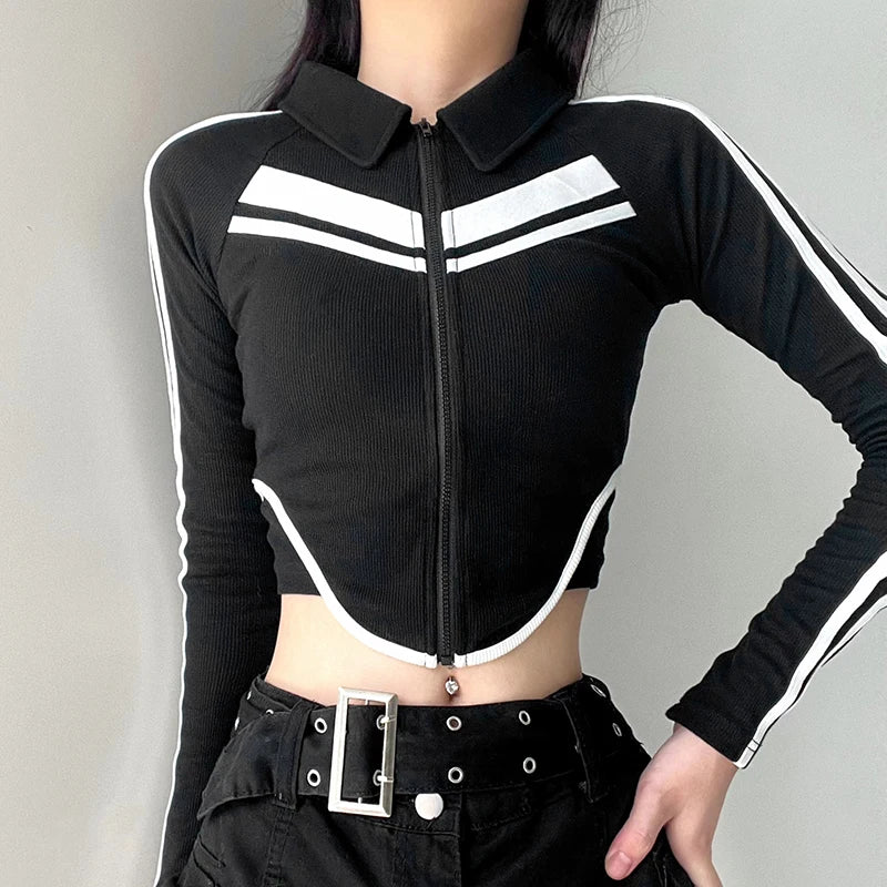 Korean Fashion Stripe Spliced Skinny Women Jacket Zip Up Coat Bodycon Slim Casual Sporty Chic Outwear Shirts Cropped
