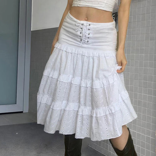 Load image into Gallery viewer, Boho Chic White Jacquard Low Waist Midi Skirt Summer Holidays Lace Up Fashion Female Skirt Ruffles Patchwork Stitched
