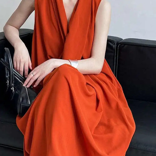Load image into Gallery viewer, Women Orange Pocket Knot Elegant  Long Big Size Dress New V-Neck Sleeveless Fashion Tide Spring Summer 2025 1DH6380
