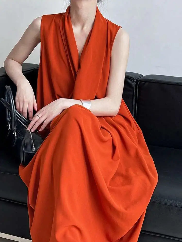 Women Orange Pocket Knot Elegant  Long Big Size Dress New V-Neck Sleeveless Fashion Tide Spring Summer 2025 1DH6380