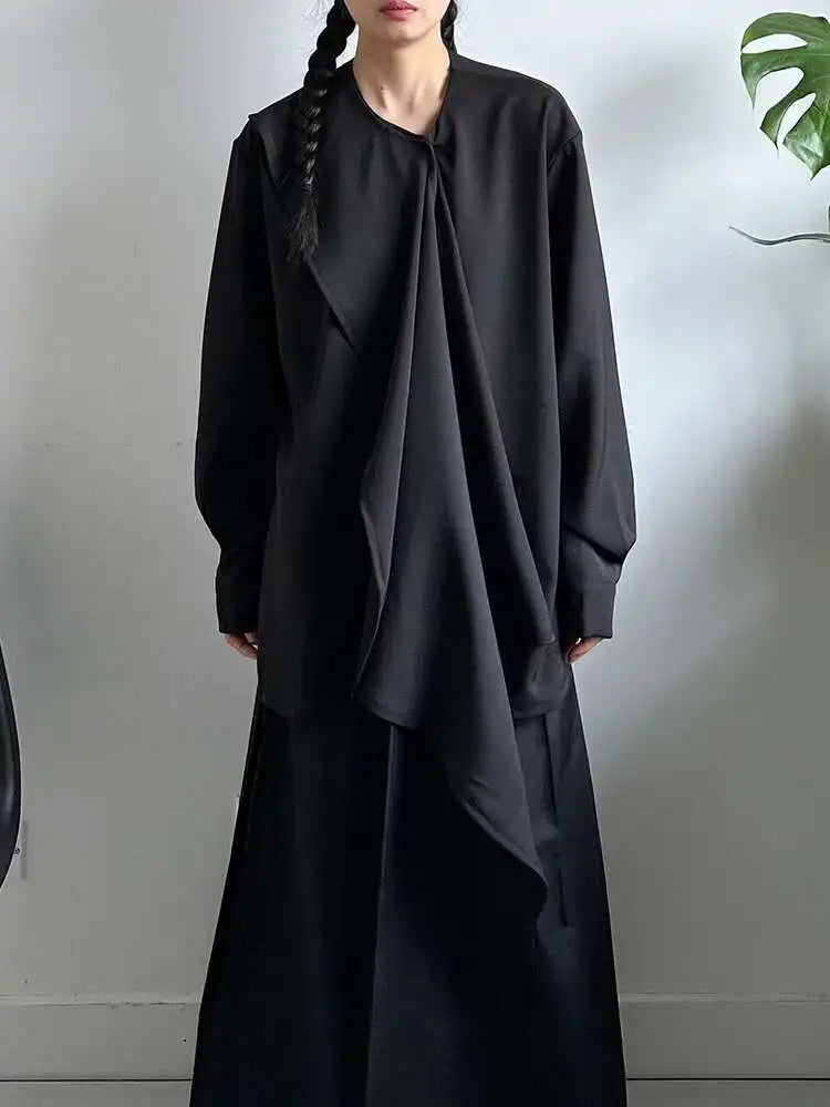 Women White Irregular Plain Color Big Size Blouse New Scarf Collar Long Sleeve Shirt Fashion Spring Autumn 2025 1DJ0507