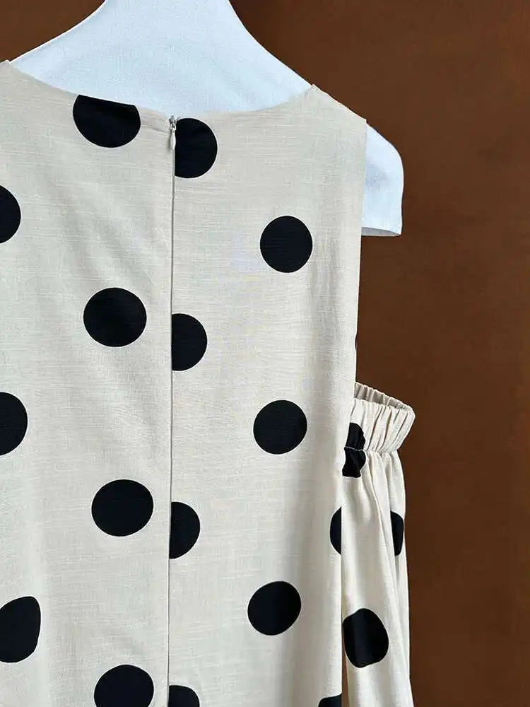 Women White Dot Printed Pleated Big Size Elegant Dress New Round Neck Sleeveless Fashion Tide Spring Summer 2025 1DJ0367