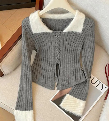 Korean Autumn Winter Grey Patchwork Elegant Pullover Short Sweater Women's 2024 New Beige Lace-up Long Sleeved Knitted Tops Chic