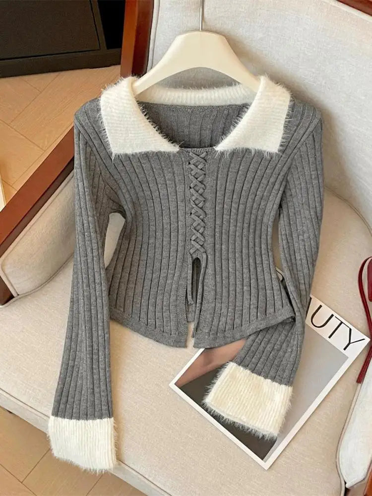 Korean Autumn Winter Grey Patchwork Elegant Pullover Short Sweater Women's 2024 New Beige Lace-up Long Sleeved Knitted Tops Chic
