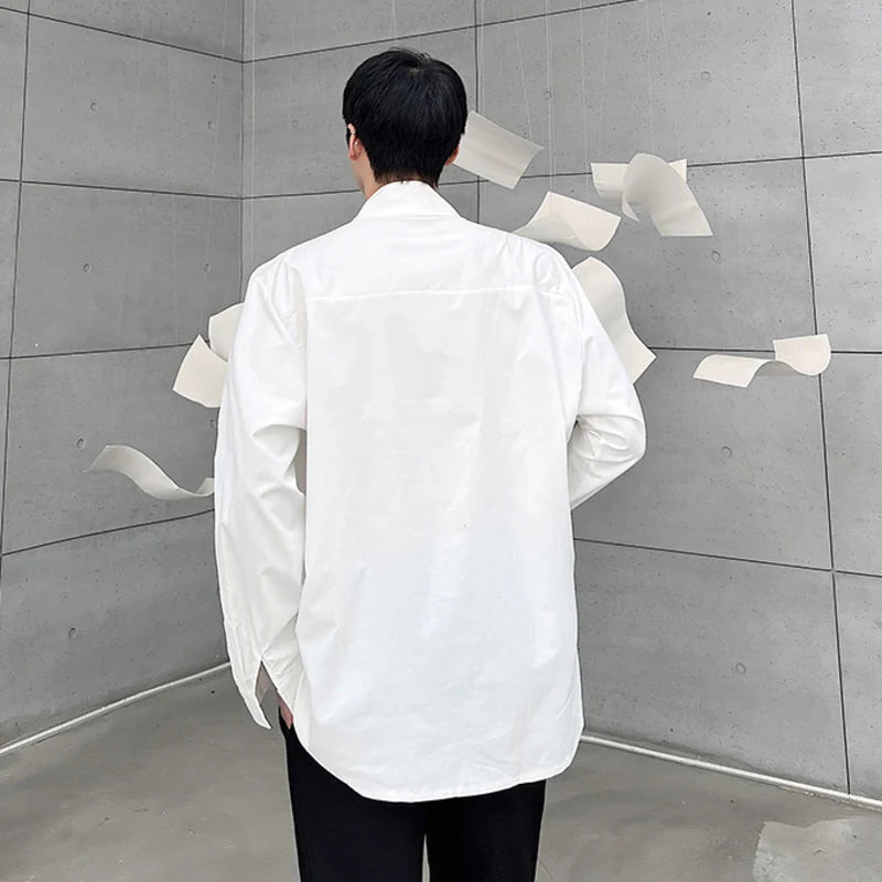 Male Shirts New Niche Design Buckle Rope Decoration Long Sleeved Shirt Trendy Casual Solid Color Stand Collar Top 9W1282