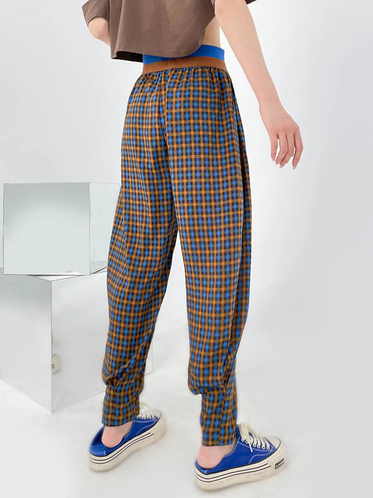 Fashion Plaid Straight Pants For Women High Waist Colorblock Loose Trousers Female Clothing Spring Style