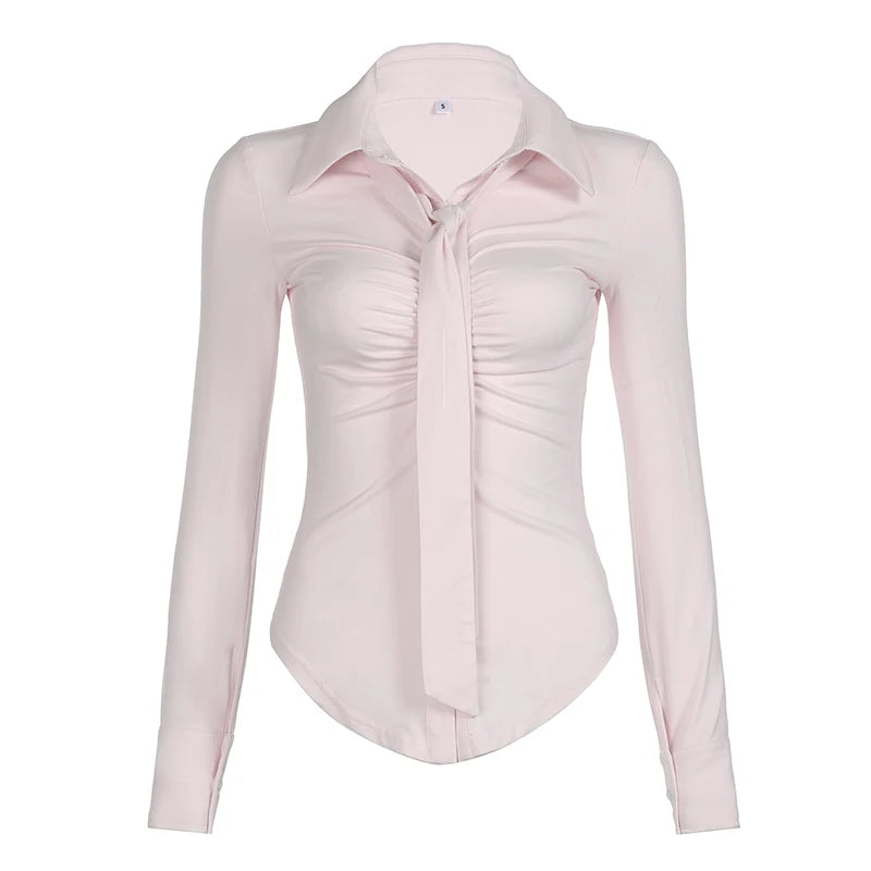 Korean Sweet Elegant Pink Shirt Women Autumn Bodycon Chest Folds Curved Hem Top Blouse Y2K Coquette Aesthetics Trend