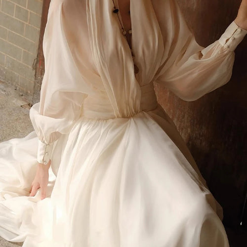 Load image into Gallery viewer, Loose Sheer Spliced Folds Sexy Dresses for Women V Neck Long Sleeves High Waist Fashion Dress Female Clothing New
