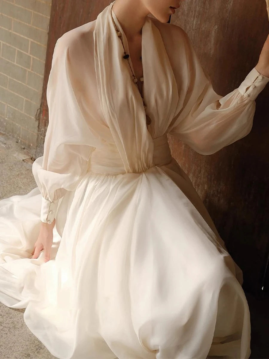 Loose Sheer Spliced Folds Sexy Dresses for Women V Neck Long Sleeves High Waist Fashion Dress Female Clothing New