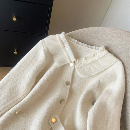 Load image into Gallery viewer, Women White Patchwork Cardigan Sweater Red Long Sleeve Ruffles Doll Collar Office Lady Knit Button Tops 2024 Spring Autumn Trend
