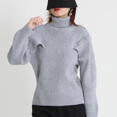 Load image into Gallery viewer, Hollow Out Sweater For Women Turtleneck Lantern Sleeve Knitting Minimalist Sweaters Female Autumn Clothing Fashion
