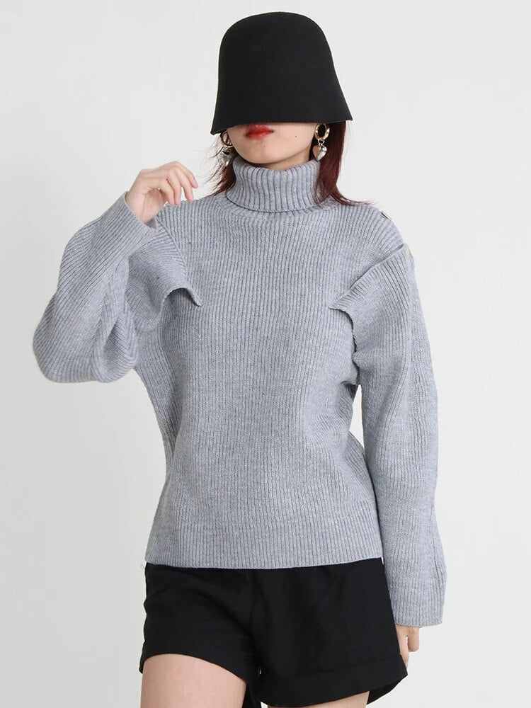 Hollow Out Sweater For Women Turtleneck Lantern Sleeve Knitting Minimalist Sweaters Female Autumn Clothing Fashion