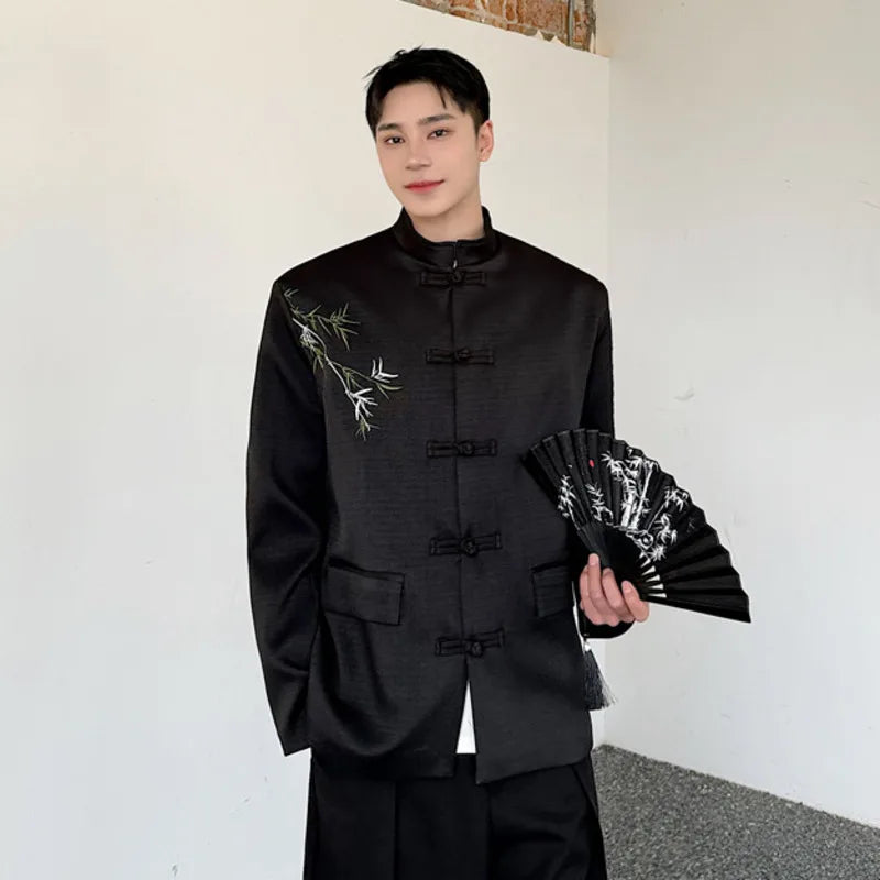 Men's Suit Coat New Chinese Style Embroidered Bamboo Pattern Stand Collar Male Blazer Spring Menwear Knot Button 9W1578