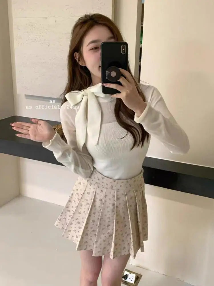 Women's Sweet White Floral Pleated Mini Skirts 2024 Summer Elegant High Waist A-line Short Skirt Fresh Style Streetwear Fashion