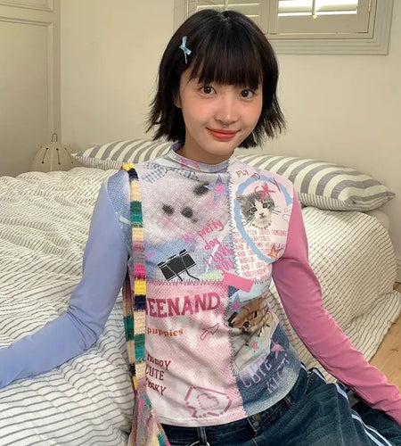 Y2k T Shirts Women's Clothing Dog Print Cute Tees Fashion Japanese Camisetas O-neck Long Sleeve Sweet Tshirt 2024 Ropa Mujer