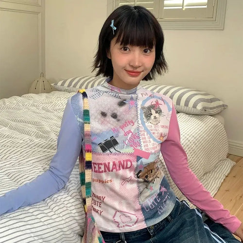 Load image into Gallery viewer, Y2k T Shirts Women's Clothing Dog Print Cute Tees Fashion Japanese Camisetas O-neck Long Sleeve Sweet Tshirt 2024 Ropa Mujer
