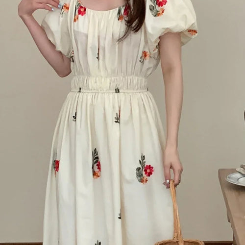 Load image into Gallery viewer, French Style Embroidery Puff Sleeve Female Dress Summer Office Lady Slim Waist Square Neck Chiffon Chic Women&#39;s Dresses
