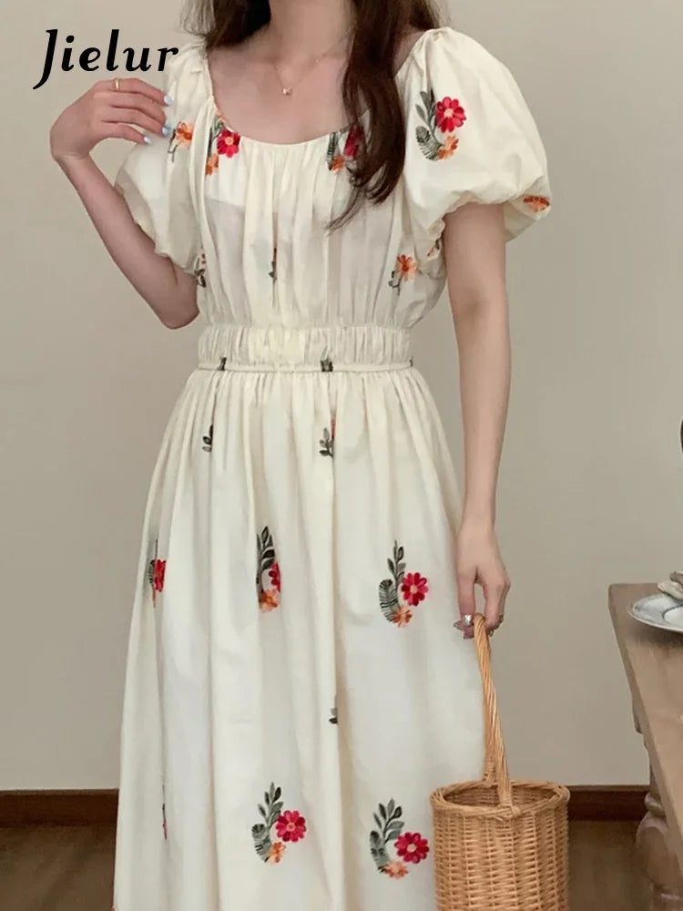 French Style Embroidery Puff Sleeve Female Dress Summer Office Lady Slim Waist Square Neck Chiffon Chic Women's Dresses