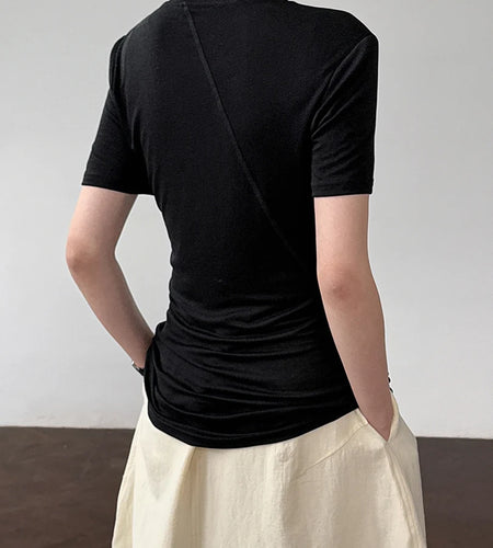Women Beige Black Irregular Slim Elegant T-shirt New Round Neck Short Sleeve Fashion Tide Spring Summer 2025 1DJ1909