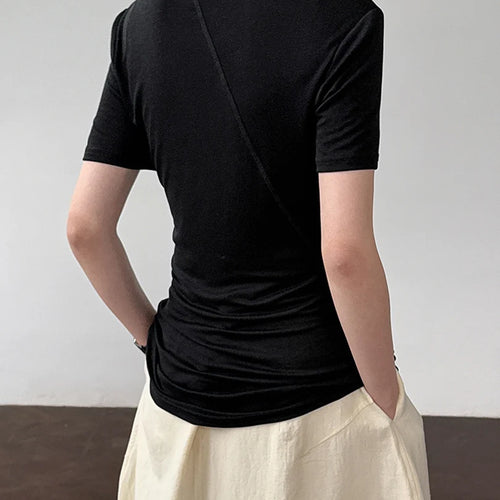 Load image into Gallery viewer, Women Beige Black Irregular Slim Elegant T-shirt New Round Neck Short Sleeve Fashion Tide Spring Summer 2025 1DJ1909
