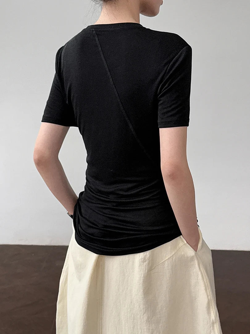 Women Beige Black Irregular Slim Elegant T-shirt New Round Neck Short Sleeve Fashion Tide Spring Summer 2025 1DJ1909