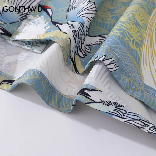 Load image into Gallery viewer, Harajuku Japanese Crane Graphic Print Shirts Y2K Men Summer Button Up Short Sleeve Blouse 2024 Hip Hop Casual Loose Tops Shirt
