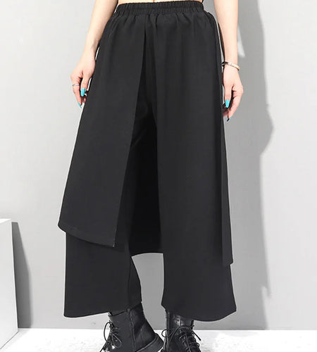 High Elastic Waist Black Irregular Long Wide Leg Trousers New Loose Fit Pants Women Fashion Tide Spring Autumn 2025 1Z289