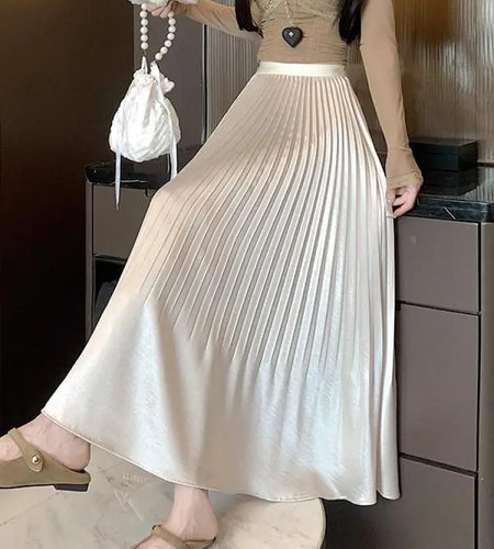 Spring Summer French Fashion Black Beige Elegant Sexy Pleated Long Skirt Women Grey High Waist Festival Slim Skirts 2025 Popular