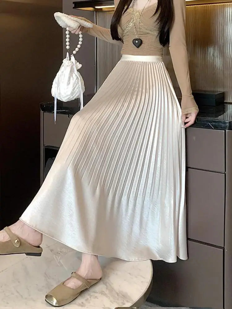 Spring Summer French Fashion Black Beige Elegant Sexy Pleated Long Skirt Women Grey High Waist Festival Slim Skirts 2025 Popular
