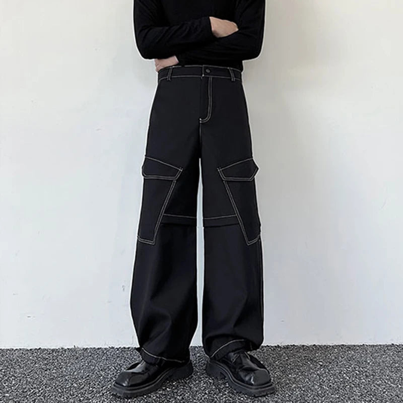 Men's Trousers Autumn Personalized Loose Pocket Open Thread Straight Leg Wide Leg Cargo Pants Adjustable Drawstring 9C3223