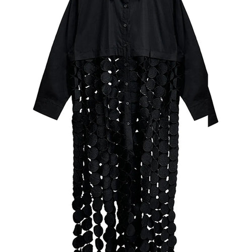 Load image into Gallery viewer, Women White Dot Tassels Hollow Out Midi Big Size Shirt Dress New Lapel Long Sleeve Fashion Tide Spring Autumn 2025 1DH9464
