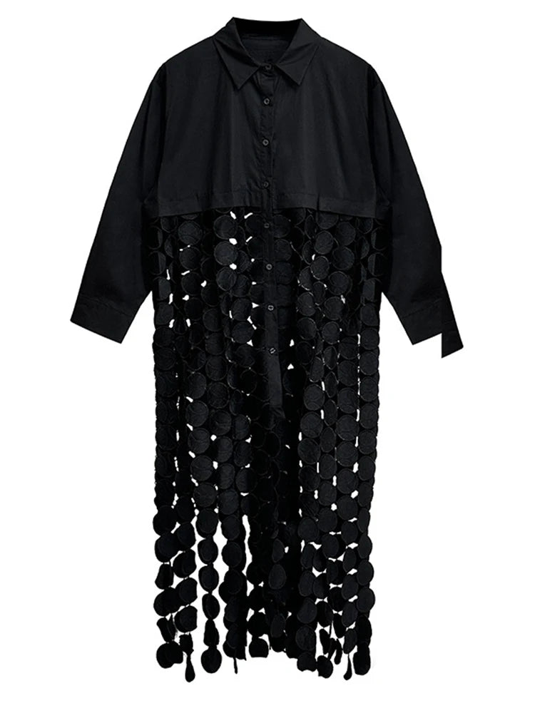 Women White Dot Tassels Hollow Out Midi Big Size Shirt Dress New Lapel Long Sleeve Fashion Tide Spring Autumn 2025 1DH9464