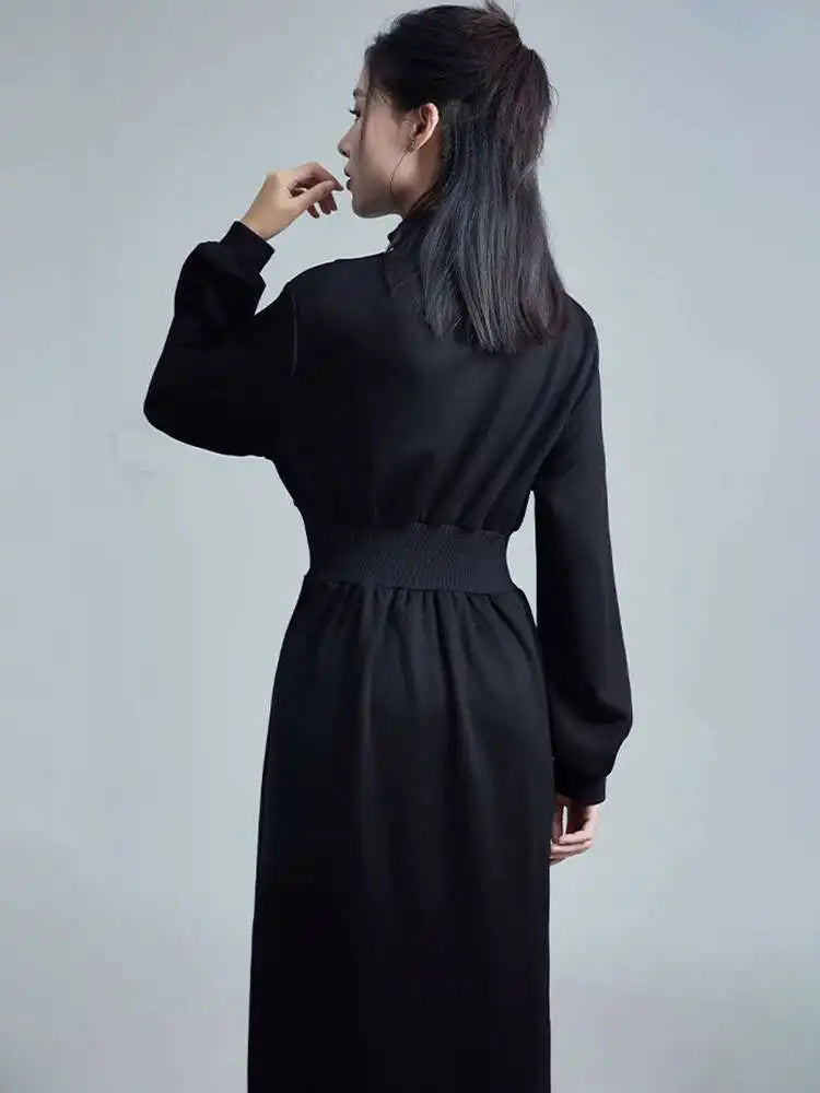 Women Black Zipper Slit Big Size Midi Dress New Half High Collar Long Sleeve Loose Fit Fashion Spring Autumn 2025 1DH2442