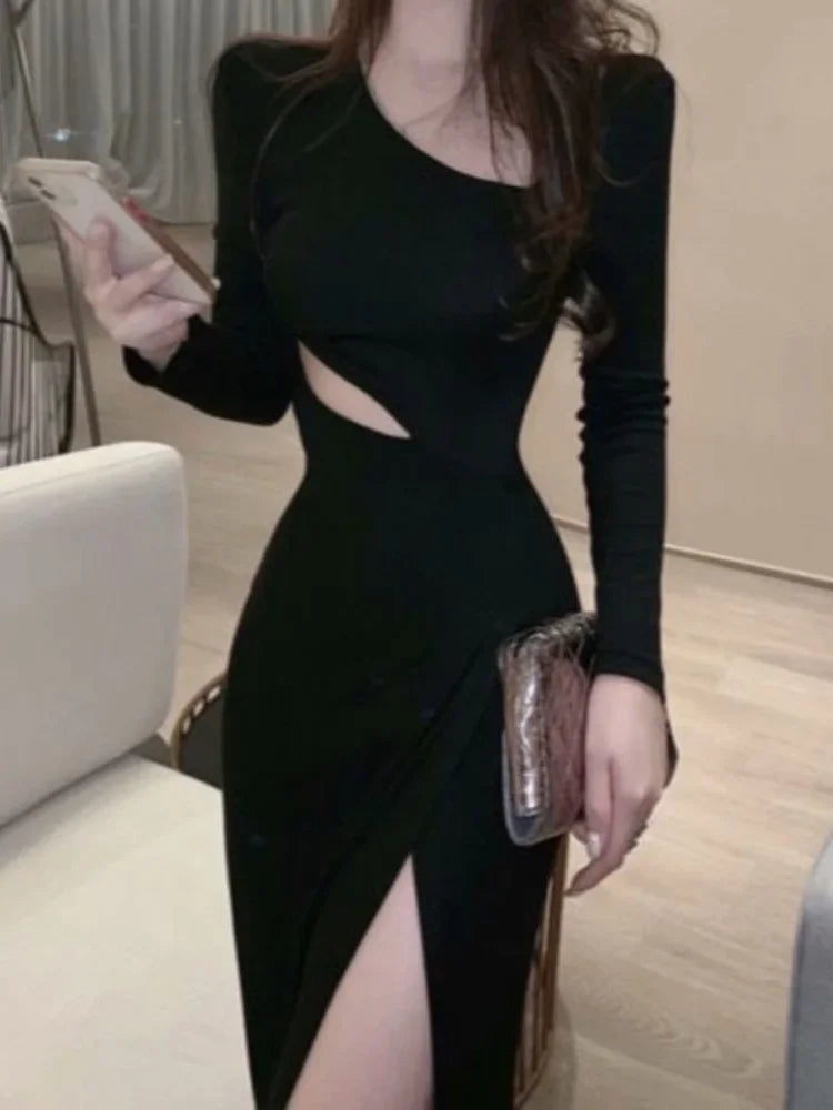 Bodycon Wrap Slim Split Dress Women Office Ladies Hollow Out Design Black Dresses Outfits Y2k Korean Fashion New In