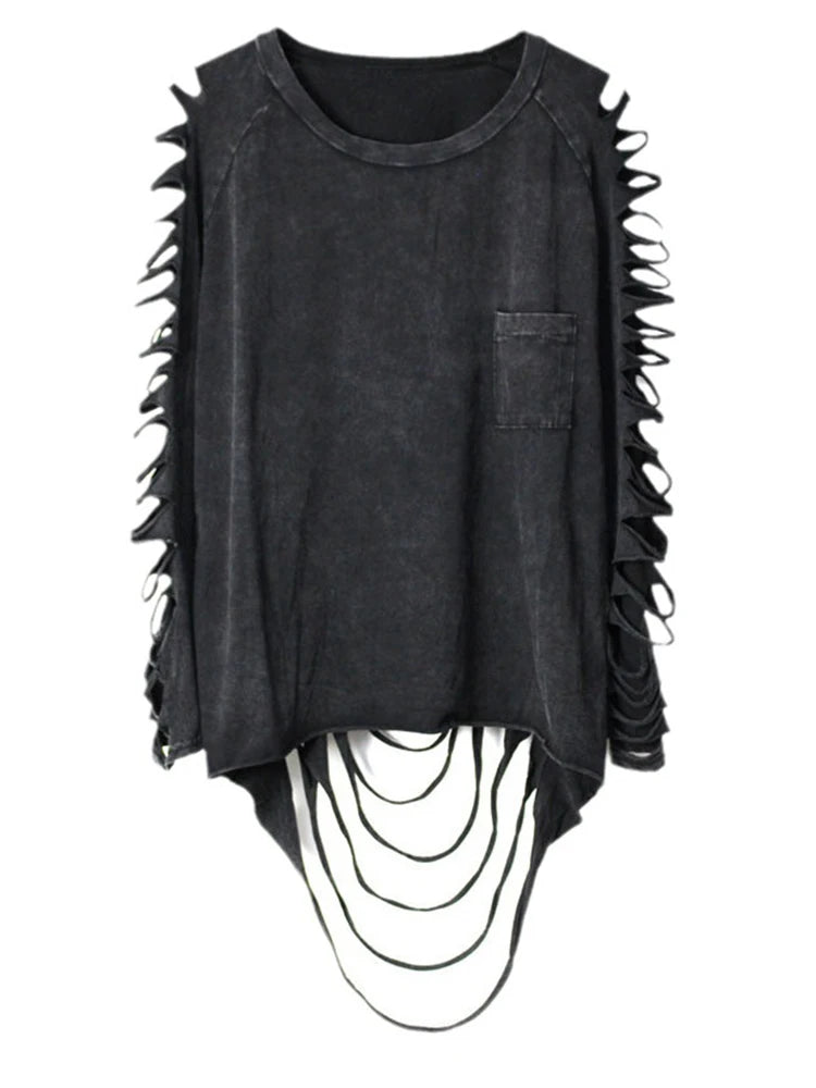 Women Black Pocket Holes Hollow Out Big Size T-shirt New Round Neck Long Sleeve Fashion Tide Spring Autumn 2025 1DJ0805