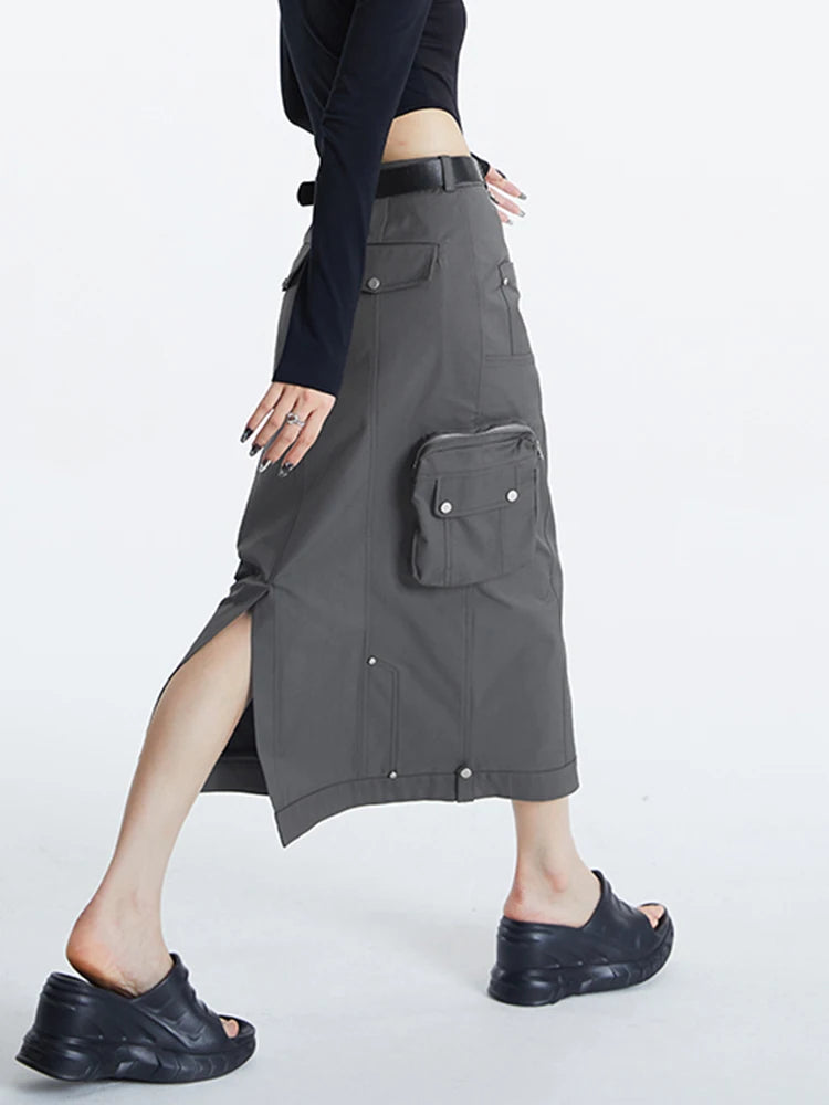 Streetwear Midi Skirt For Women High Waist Patchwork Pockets Solid Straight Minimalist Skirts Female Clothing