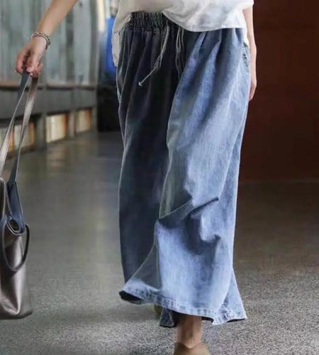 Retro Blue Lace-up Seven Point Denim Pant Women Summer New Baggy Wide Leg Pleated Jean Pant Fashion Streetwear Clothing Oversize