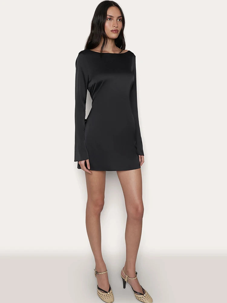 Elegant Long Sleeved Bodycon Dress Women Lace Up Open Back Slim Fit Mini Dress Female Fashion Party Club Evening Dress