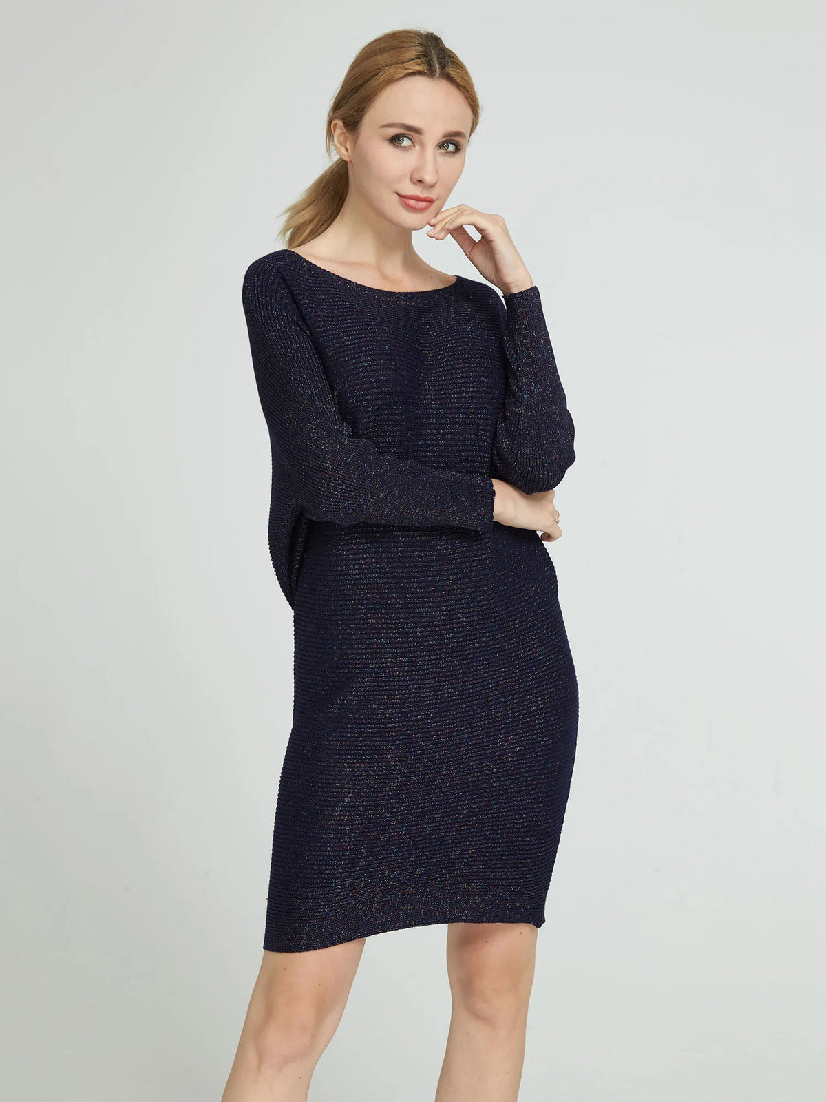 Sexy Lurex Oversized Sweater Dress Women Casual Batwing Sleeve Knitted Dress Jumper Antumn Winter Dress Pullover Female C-158