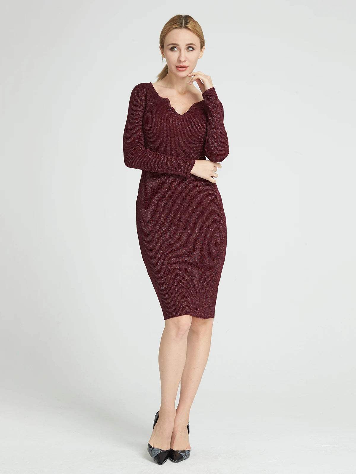 High Quality Sexy Colourful Shine Lurex Ribbed Knitted Dress Women New Knee-Length Dresses Deep V-Neck  Bodcyon C-154