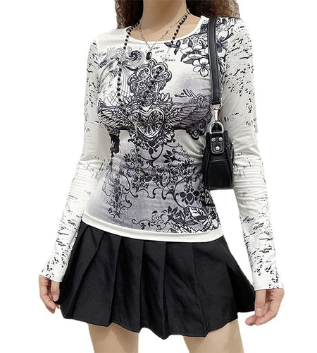 Harajuku Rhinestone Gothic Tshirts Round Neck Vintage Chic Fairycore Grunge Slim Top Aesthetic Retro Dark Academia Tee