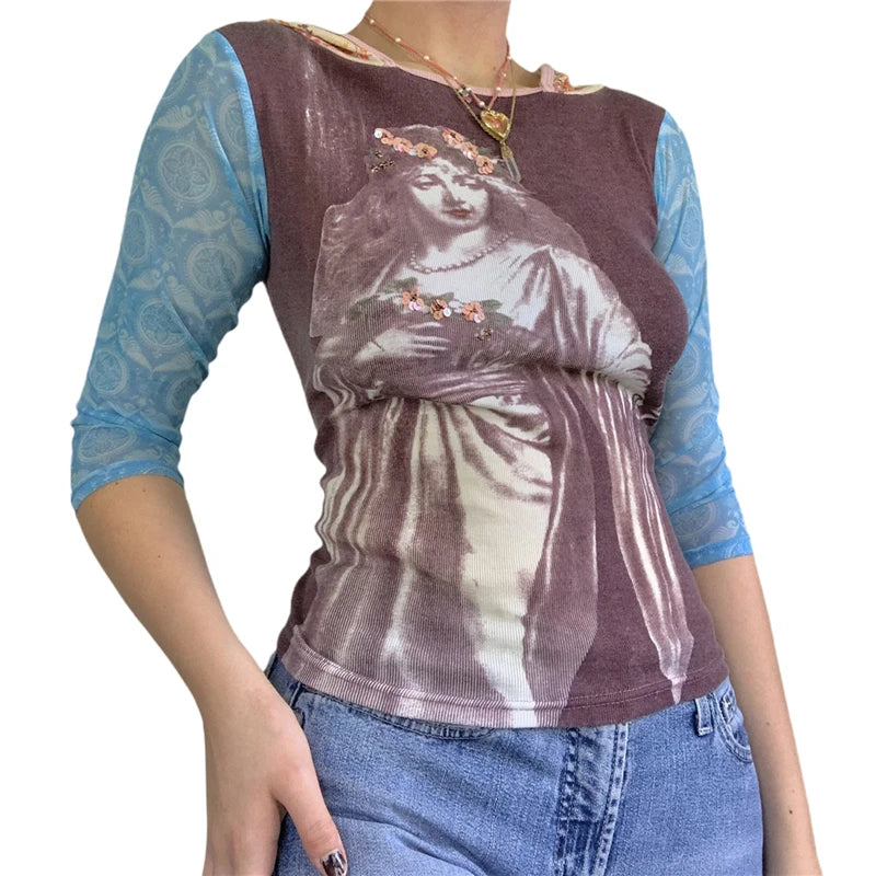 Fairy Grunge Shirt Basic Mesh Print Top Women E Girl Gothic Punk Style T-shirts Tees Clothes Street Tops Womens Clothing