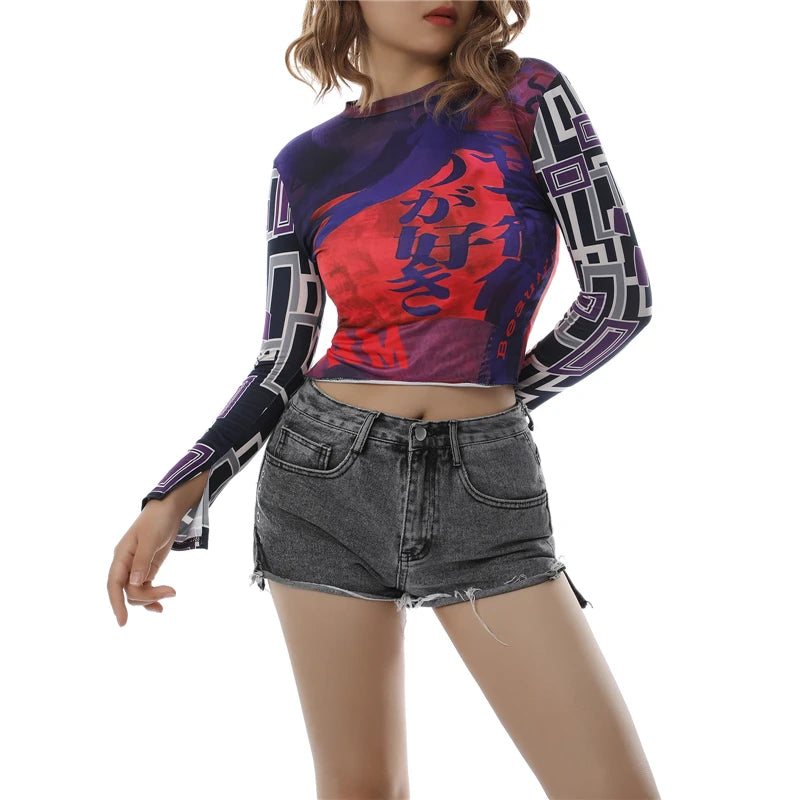 Fairy Grunge Shirt Basic Mesh Print Top Women E Girl Gothic Punk Style T-shirts Tees Clothes Street Tops Womens Clothing