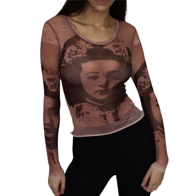 Fairy Grunge Shirt Basic Mesh Print Top Women E Girl Gothic Punk Style T-shirts Tees Clothes Street Tops Womens Clothing