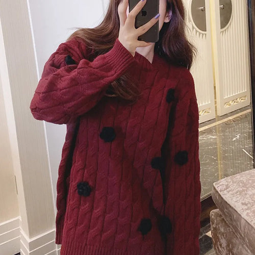 Load image into Gallery viewer, Women&#39;s Korean Style Floral Crew Neck Knitted Sweater Female Casual Oversized Sweater Thick Warm Twist Knit Top C-100
