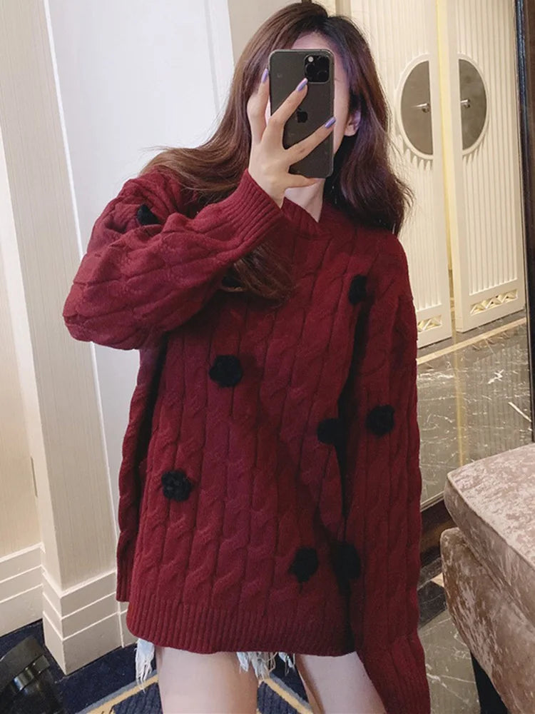 Women's Korean Style Floral Crew Neck Knitted Sweater Female Casual Oversized Sweater Thick Warm Twist Knit Top C-100