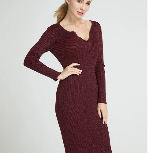 Load image into Gallery viewer, High Quality Sexy Colourful Shine Lurex Ribbed Knitted Dress Women New Knee-Length Dresses Deep V-Neck  Bodcyon C-154
