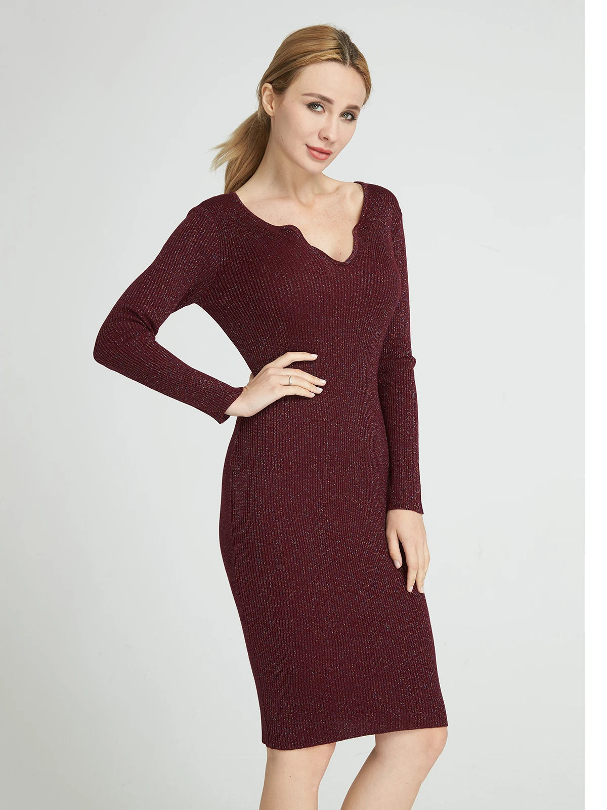 High Quality Sexy Colourful Shine Lurex Ribbed Knitted Dress Women New Knee-Length Dresses Deep V-Neck  Bodcyon C-154