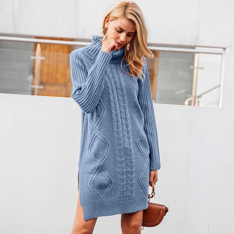 Elegant Knitted Turtle Neck White Sweater Sexy Holiday Solid Winter Teal Dress